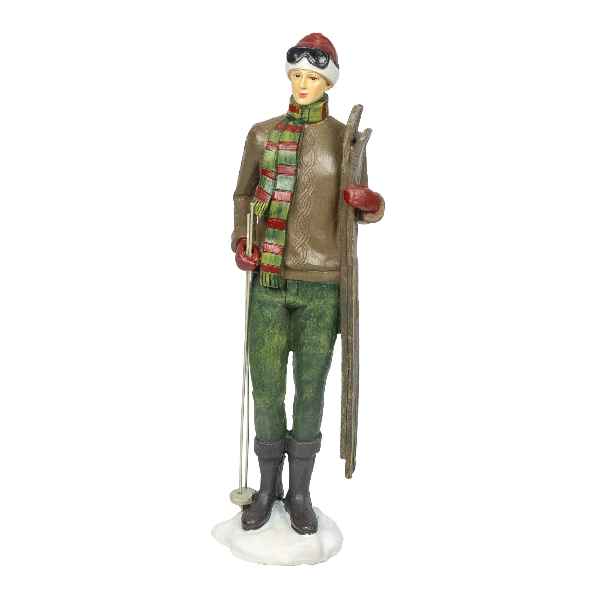 Ski Man Figurine Red Brown - L8.5xw5.5xh26cm