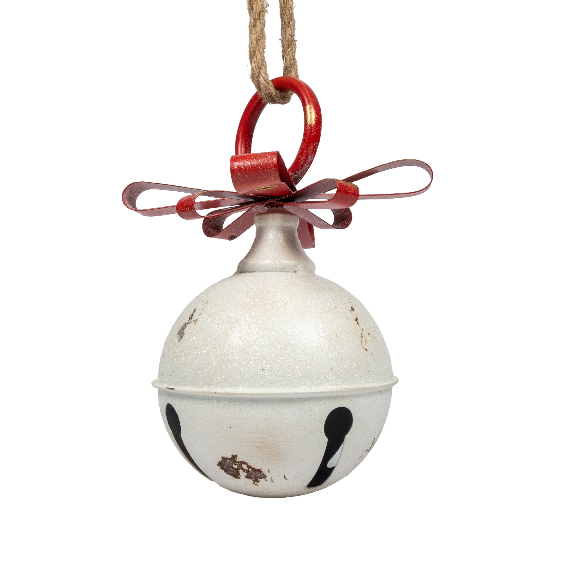 White Glittered Jingle Bell With Red Bow Ornament - 7.75"