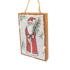 Santa And Snowman Textured Paper On Wood Ornament - 6"