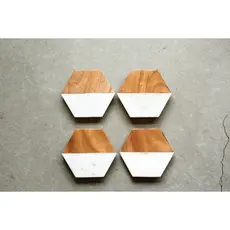 Marble and Mango Wood Hexagon Coasters - White and Natural - Set Of 4