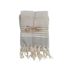 Woven Cotton Tea Towels Stripes - Jute and Wood Bead Tie - Set Of 3