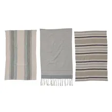 Woven Cotton Tea Towels Stripes - Jute and Wood Bead Tie - Set Of 3