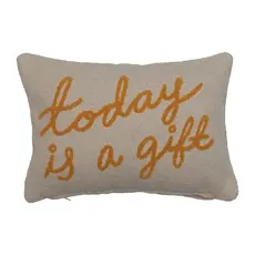 Embroidered Lumbar Pillow Today Is A Gift - Cream Mustard Color - 14"x9"