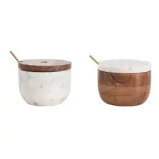 Marble and Acacia Wood Bowl with Lid and Brass Spoon - Set Of 2