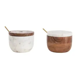 Marble and Acacia Wood Bowl with Lid and Brass Spoon - Set Of 2