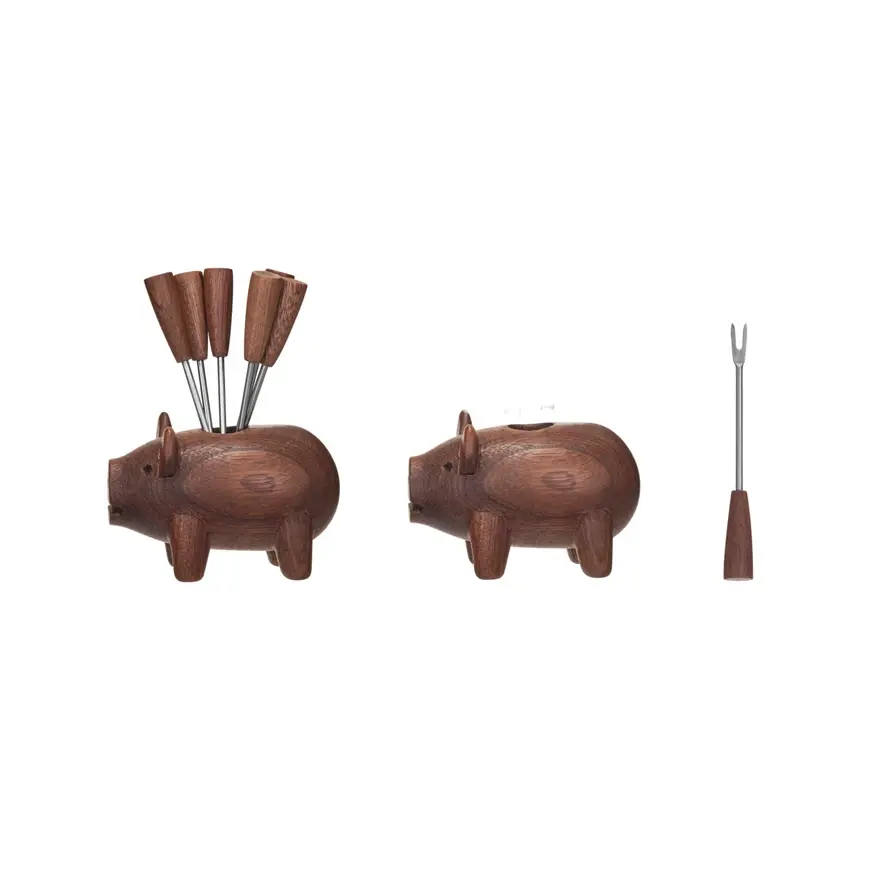 Wooden Pig Shaped Holder with 6 Appetizer Forks