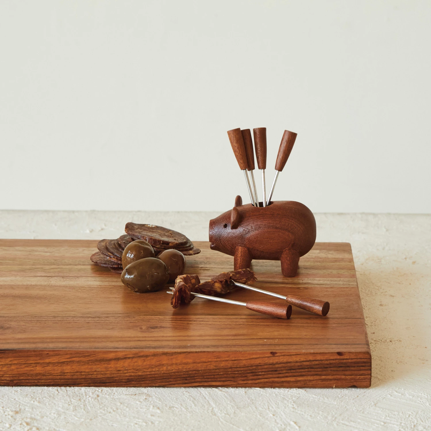 Wooden Pig Shaped Holder with 6 Appetizer Forks