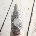 hilltribe Stamped Silver Ring with Round Faceted Moonstone, Size 7