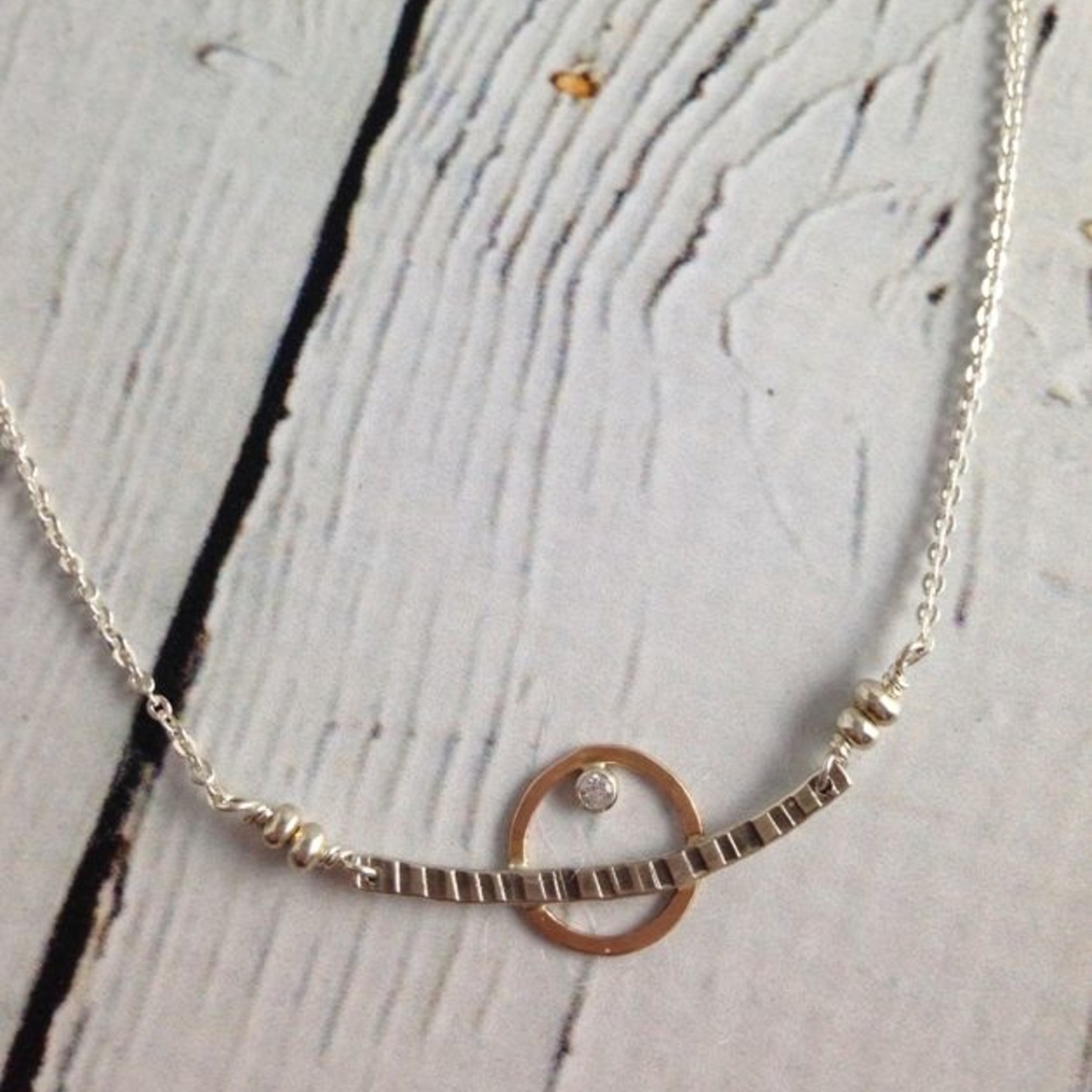 Handmade Etched sterling with 14kt goldfill circle and 2mm white cz necklace, 18"