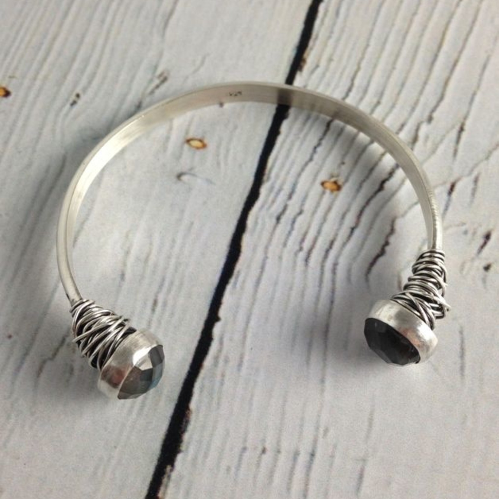Handmade Etched Open Sterling Bangle with Faceted Labradorite End Caps