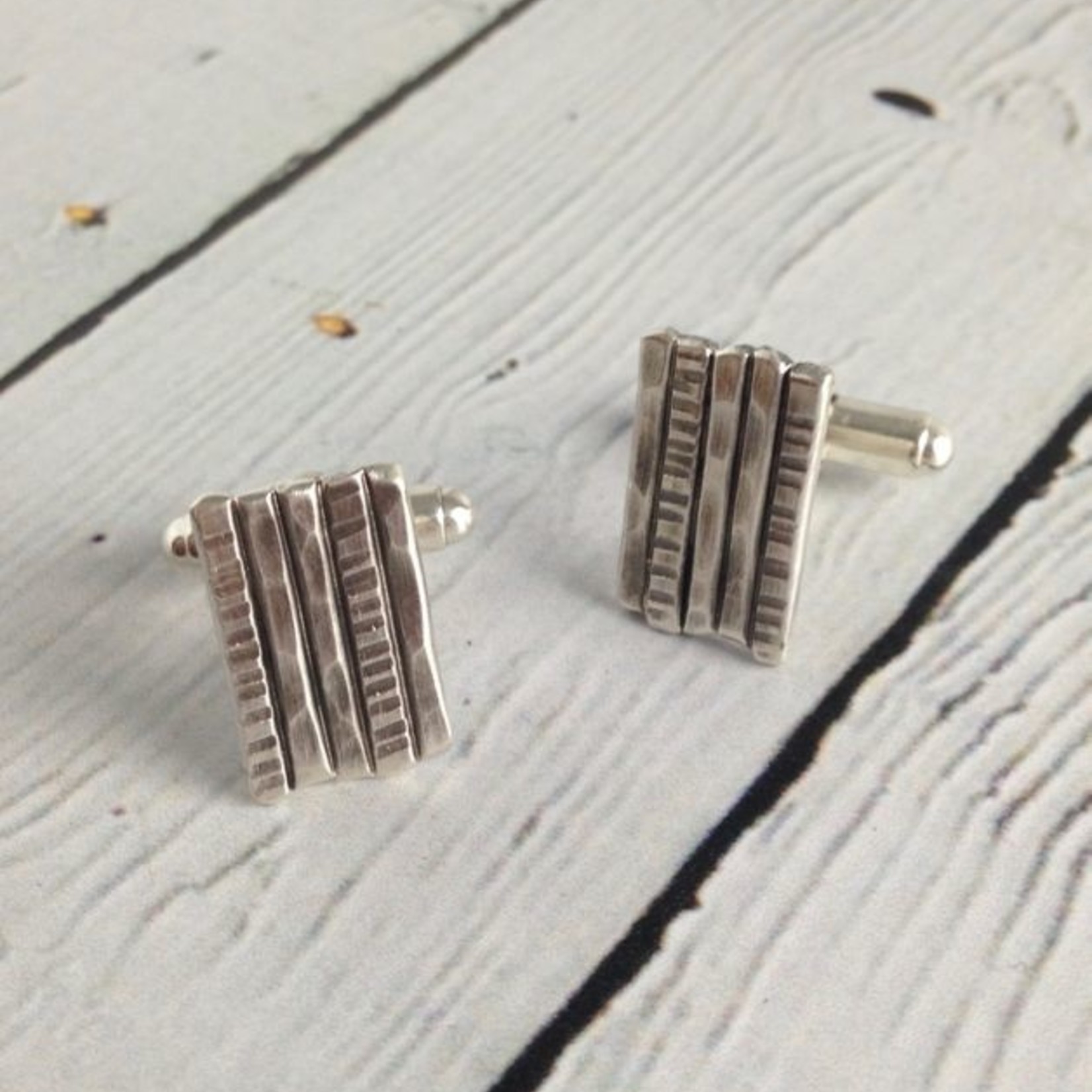 Handmade Hammered and Etched Line Sterling Cufflinks
