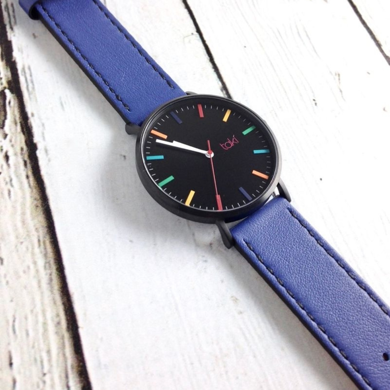 Linden Watch, Black Face and Royal Blue Band with a Rainbow of indicators