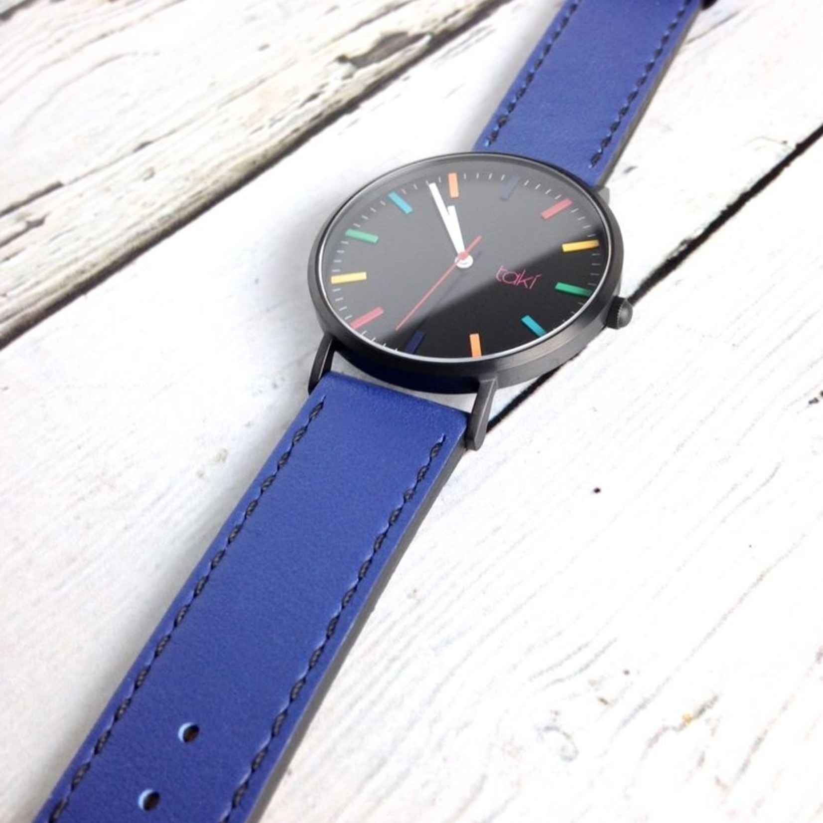 Linden Watch, Black Face and Royal Blue Band with a Rainbow of indicators