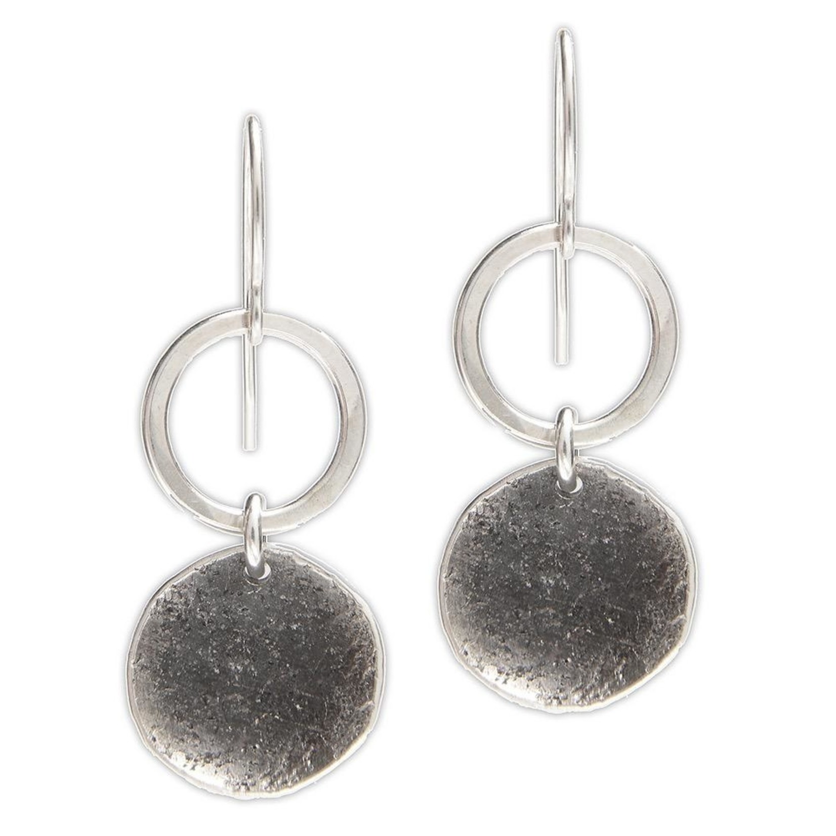 J&I Handmade Textured Hammered Sterling Oxidized Disc and Circle drop Earrings