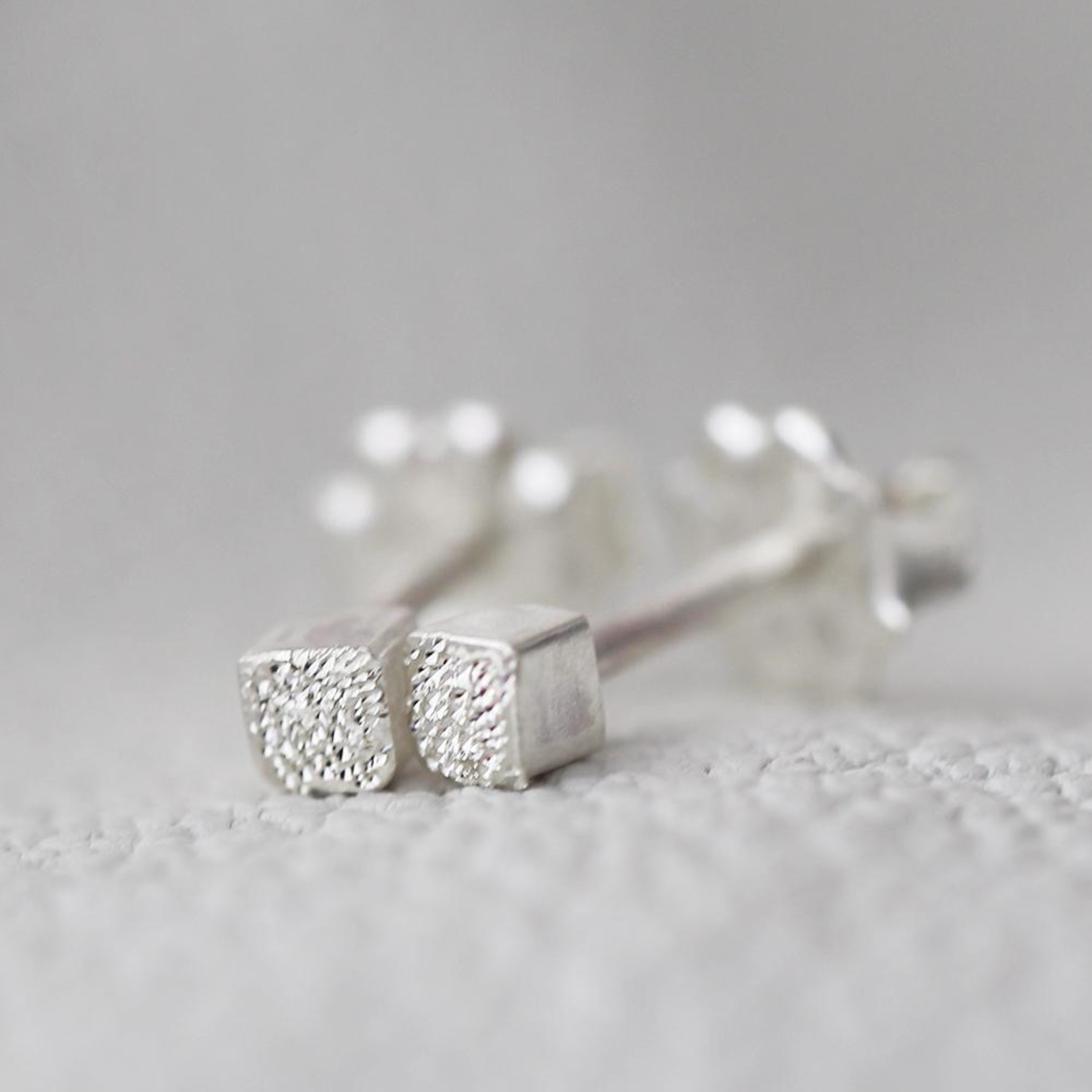Handmade Silver Diamond Dusted | Small Cube Stud Earrings