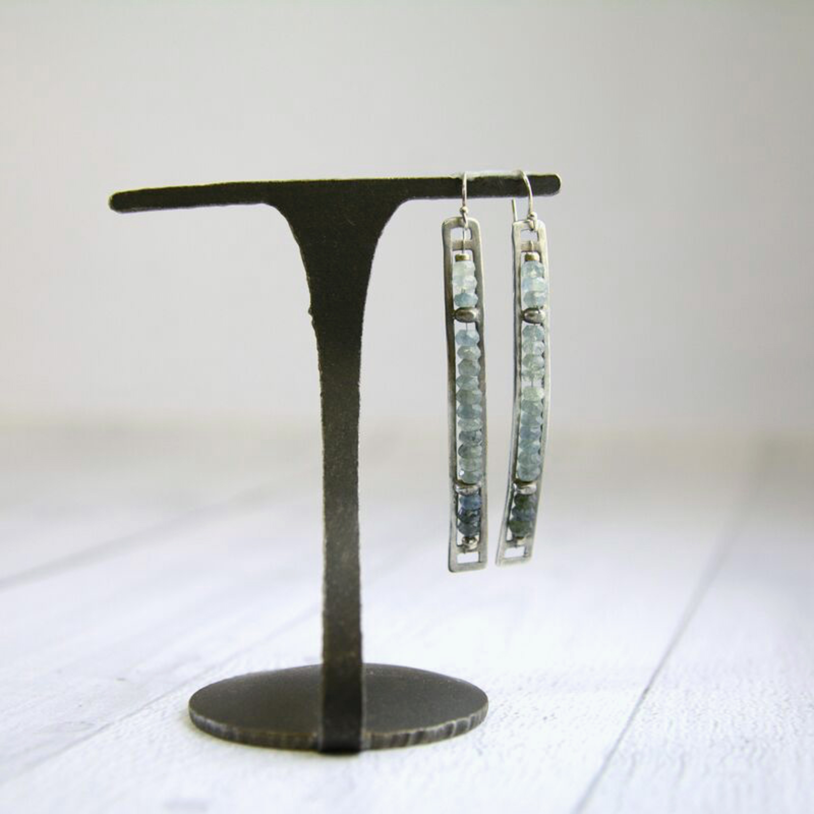 Handmade Matte Sterling Silver Long Vertical Frame Earrings with Aquamarine Row by Julia Britell Designs