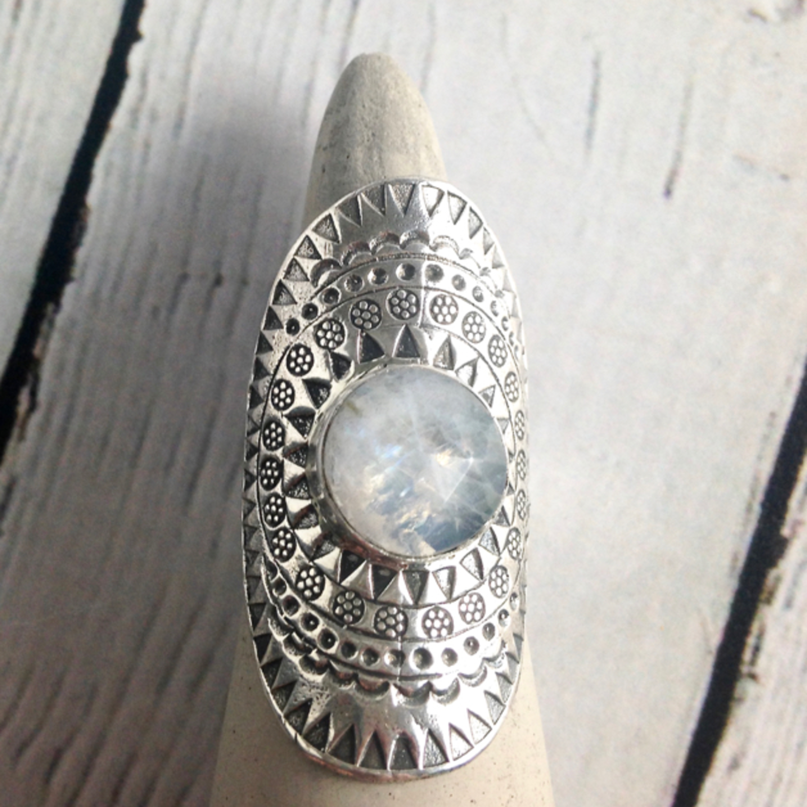 hilltribe Stamped Silver Ring with Round Faceted Moonstone, Size 7