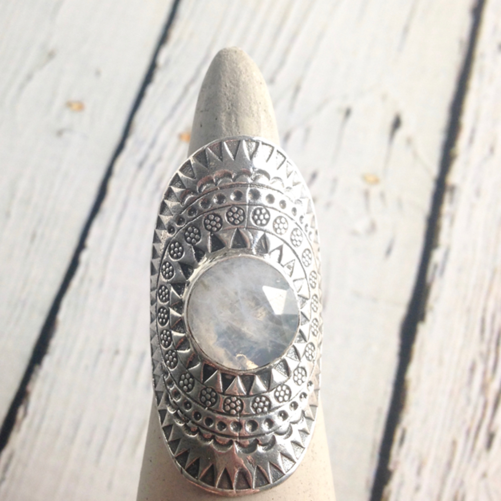 hilltribe Stamped Silver Ring with Round Faceted Moonstone, Size 9