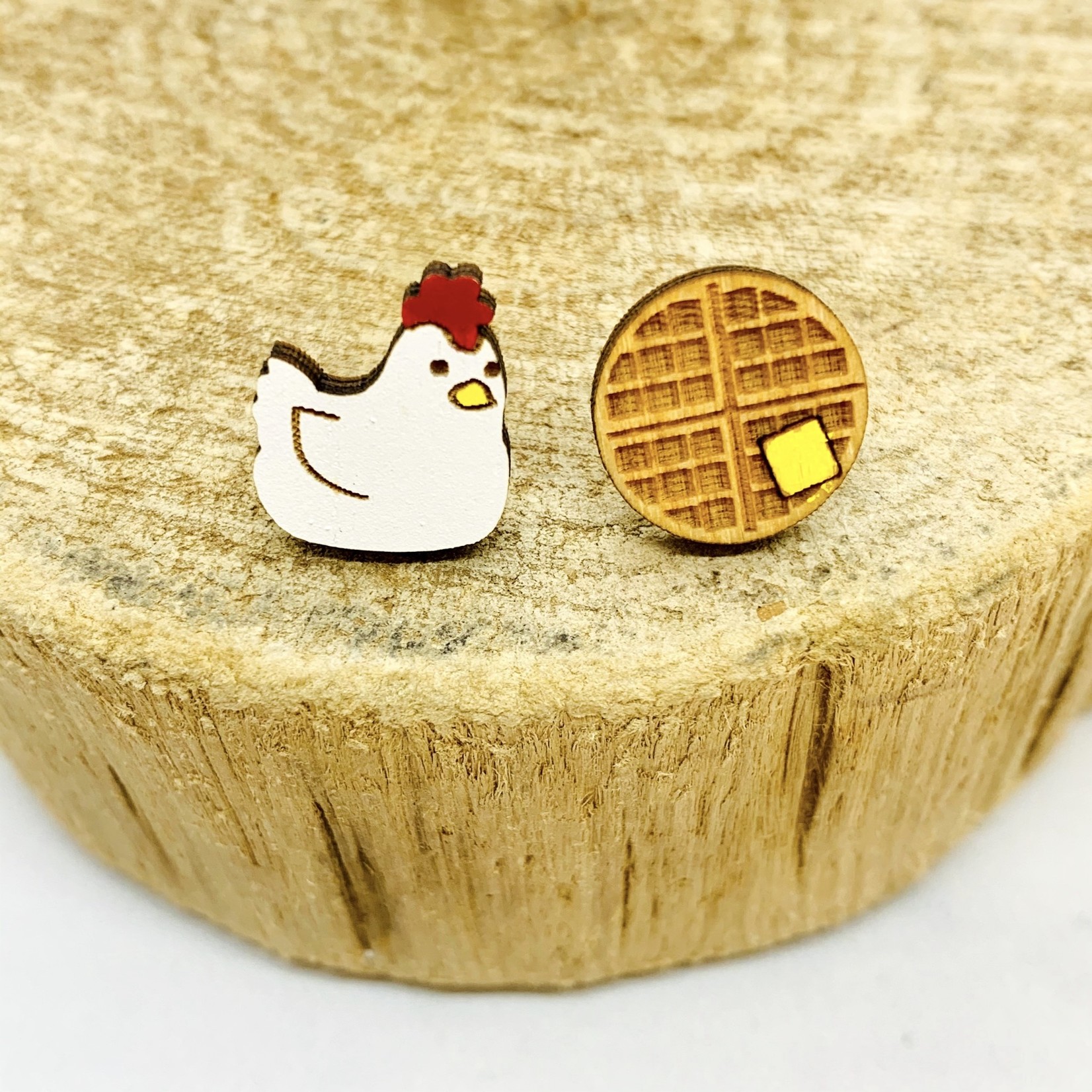 Handmade Chicken and Waffles Lasercut Wood Earrings on Sterling Silver Posts