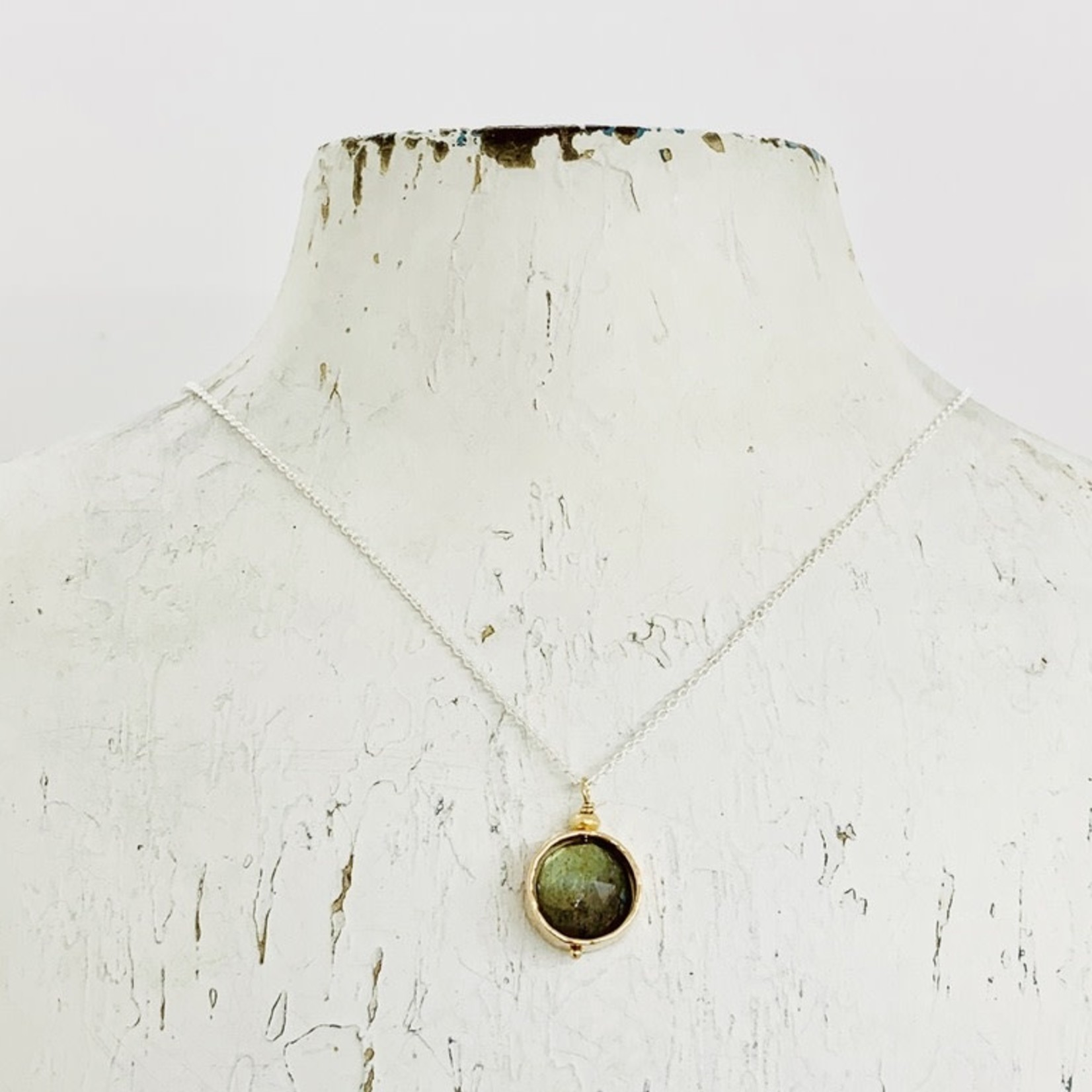 Handmade Necklace with 8mm Faceted Labradorite Coin in 14k Gold Filled Circle on Sterling Chain