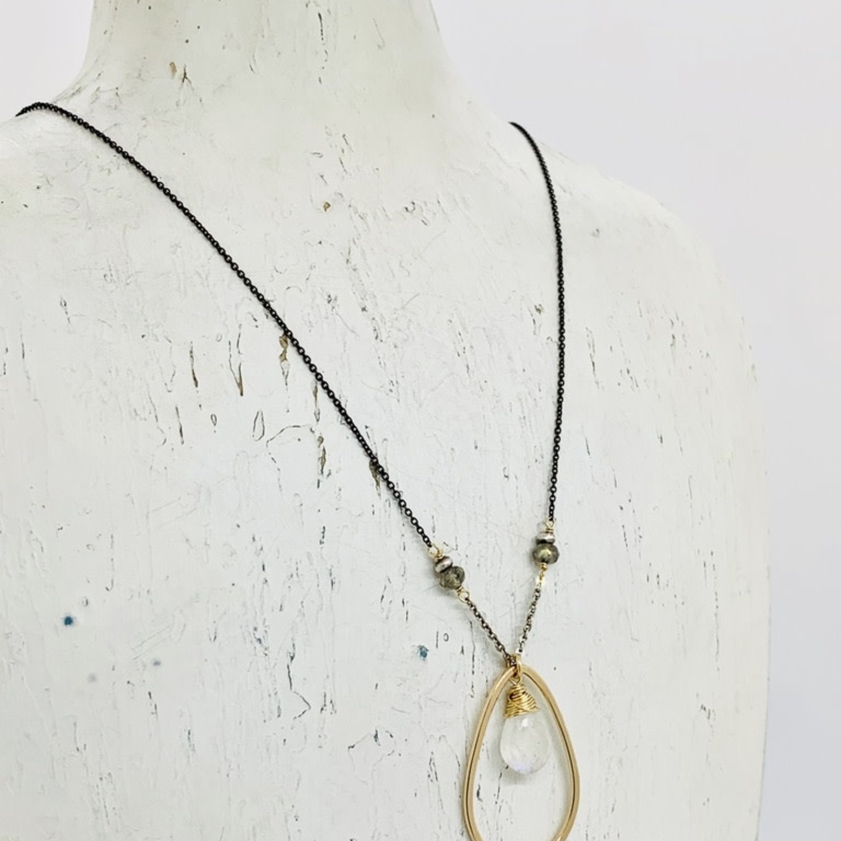 J&I Handmade Necklace with 12mm Faceted Moonstone in 14kt Gold Fill Teardrop on Oxidized Sterling Chain
