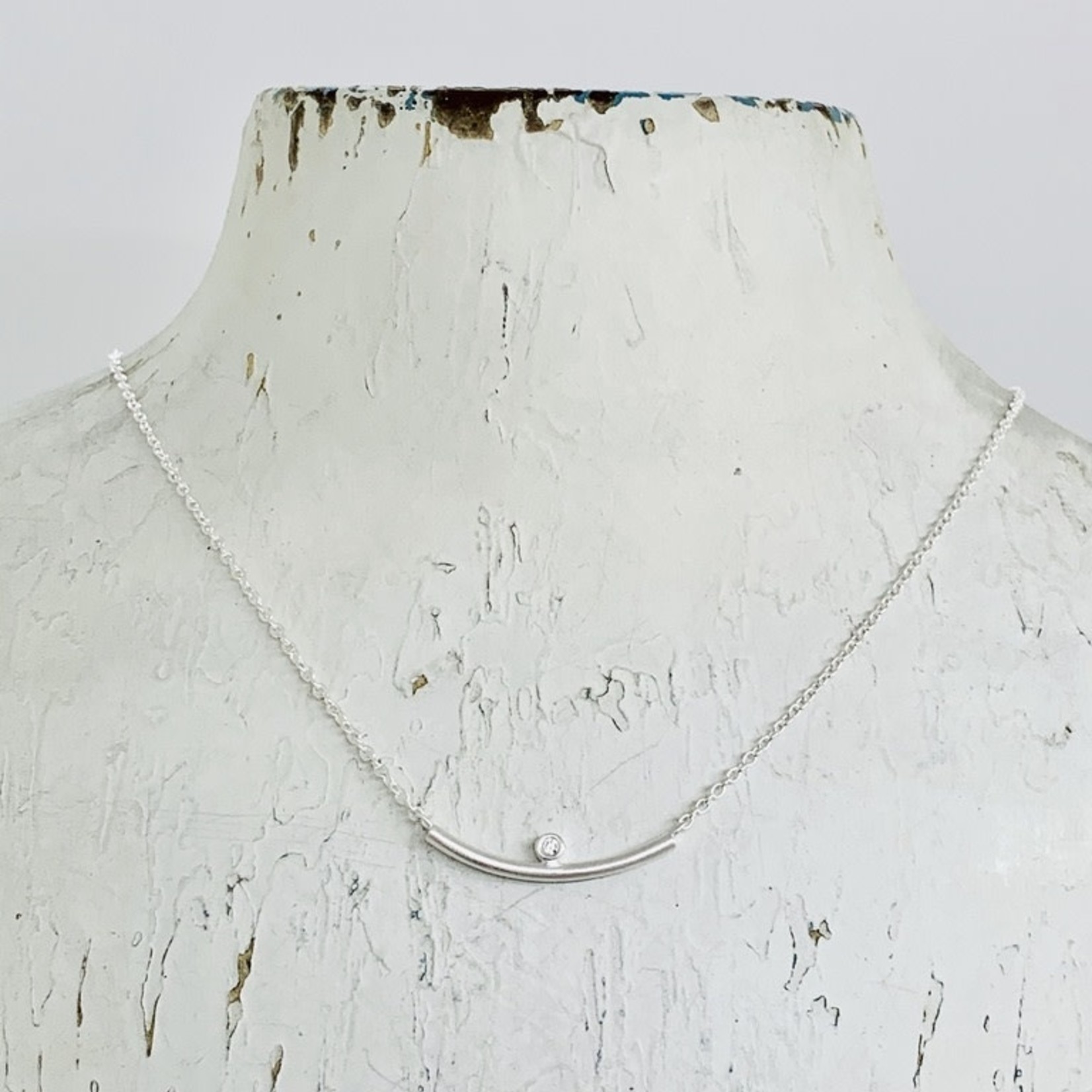 Brushed Sterling Silver Curved Bar necklace with Bezel Set CZ above