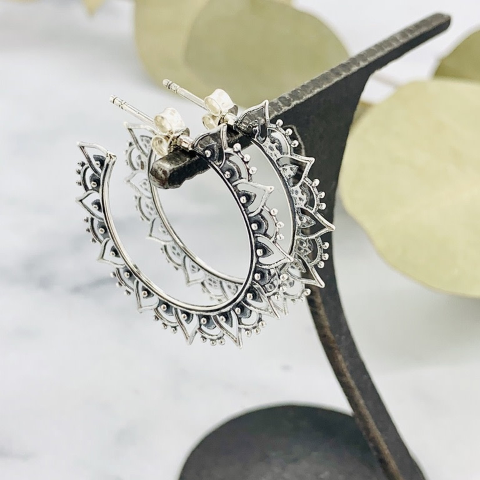 Nina Designs Silver Hoop Earrings with Mandala Petals 36x36mm