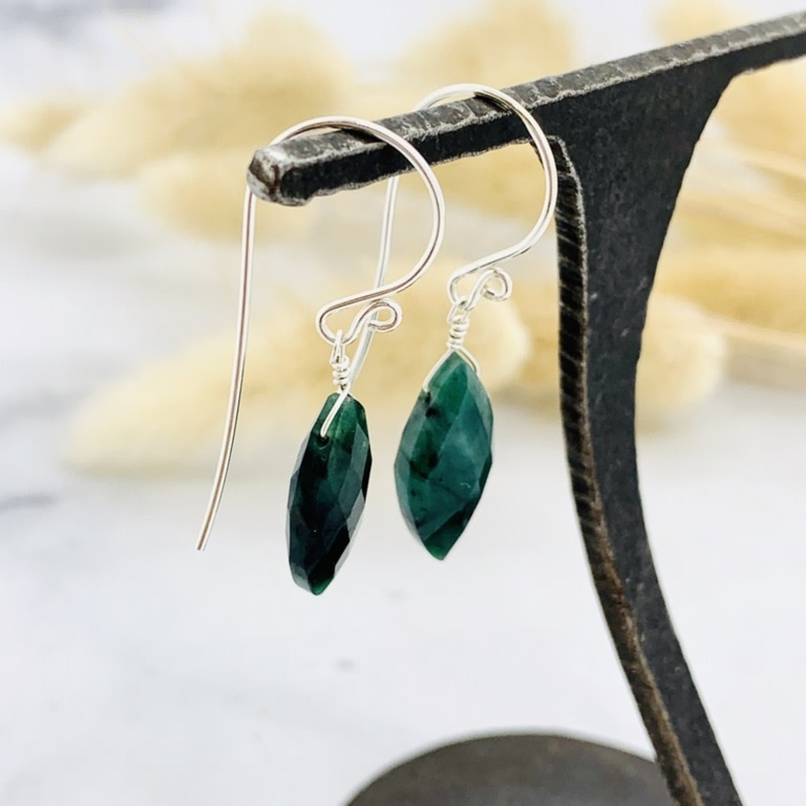 Locally Handmade Gemstone Drop Earrings Sterling Silver Emerald