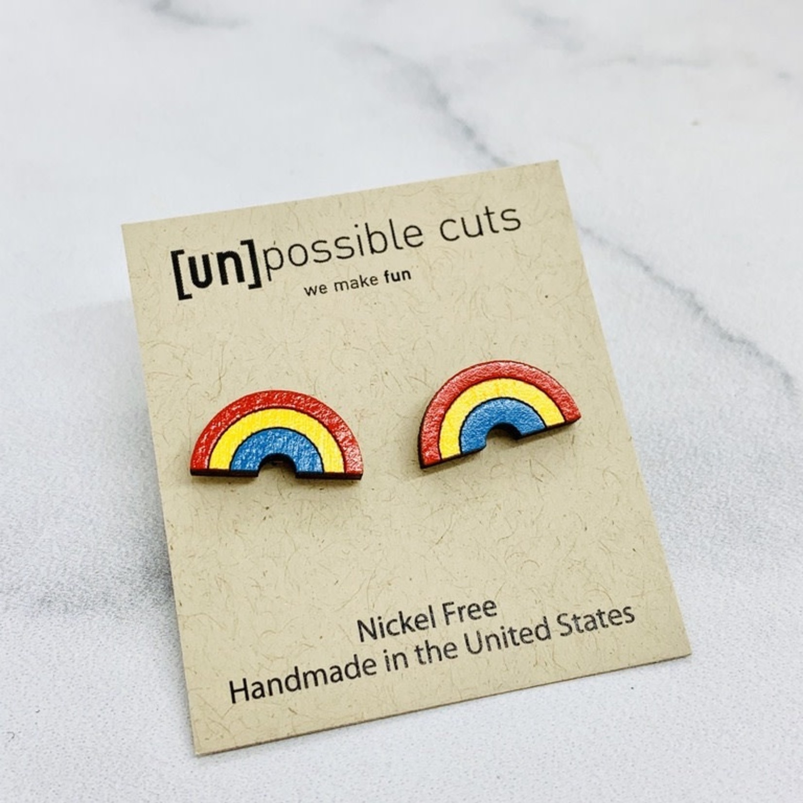 Handmade Rainbow Lasercut Wood Earrings on Sterling Silver Posts