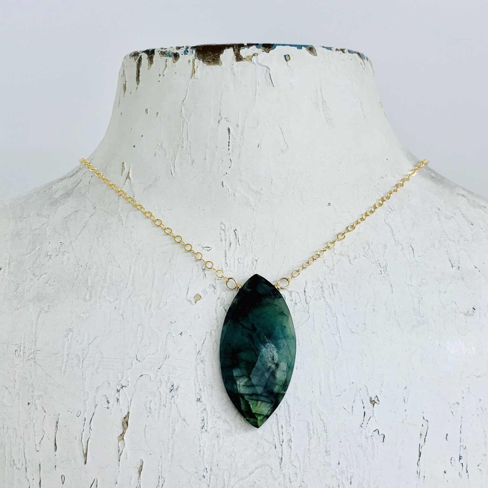 Handmade Large Emerald Marquise and Goldfill Necklace, 18"