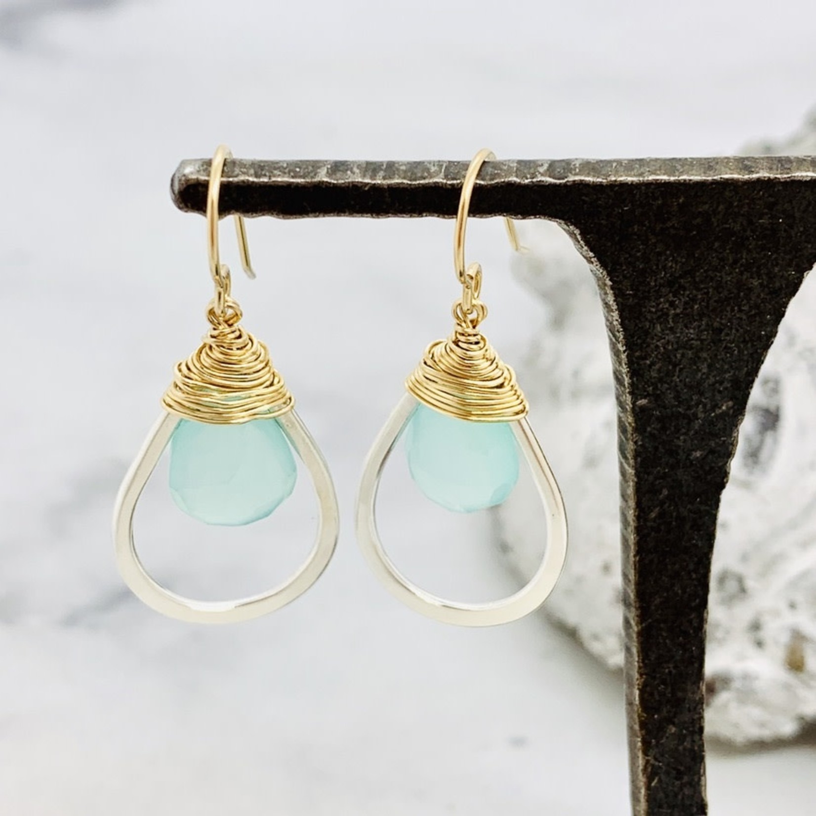 Handmade earrings with faceted aqua chalcedony wrapped in 14k gf and hanging in sterling teardrop