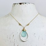 J&I Handmade necklace with aqua chalcedony teardrop wrapped in 14k gf and nested in sterling teardrop on 16-in goldfill chain
