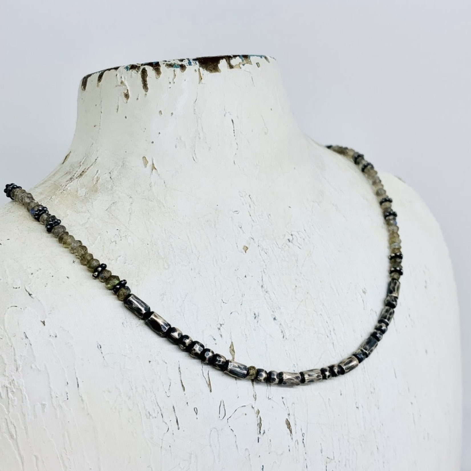 Silver Beaded Carpe Diem Morse Code with Tiny Gemstone Necklace Labradorite 16-18"