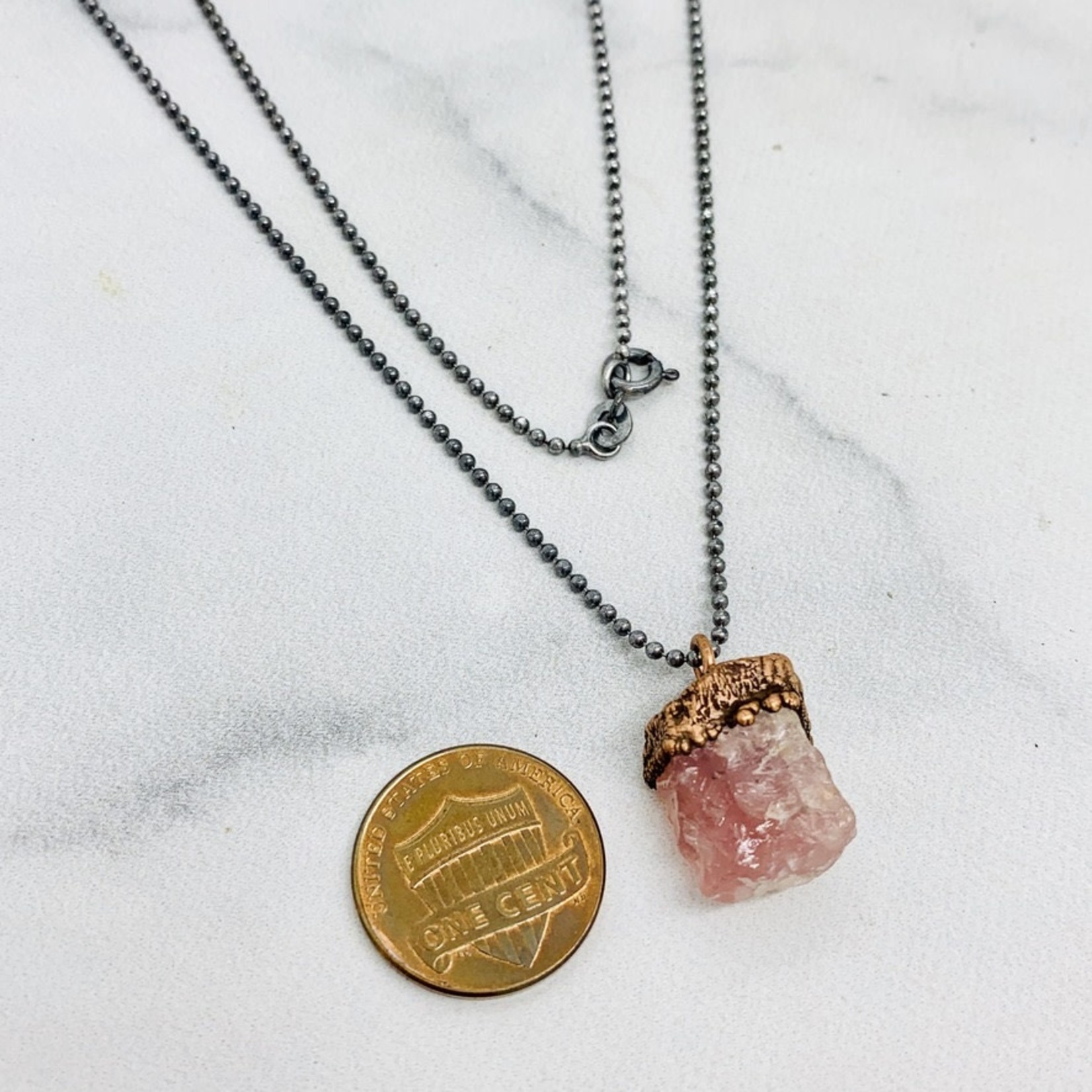 Raw Rose Quartz Electroformed Druzy Pendant on 18” Oxidized Faceted Ball Chain Necklace