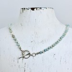 Handmade Necklace with blue amazonite knotted on natural silk, toggle