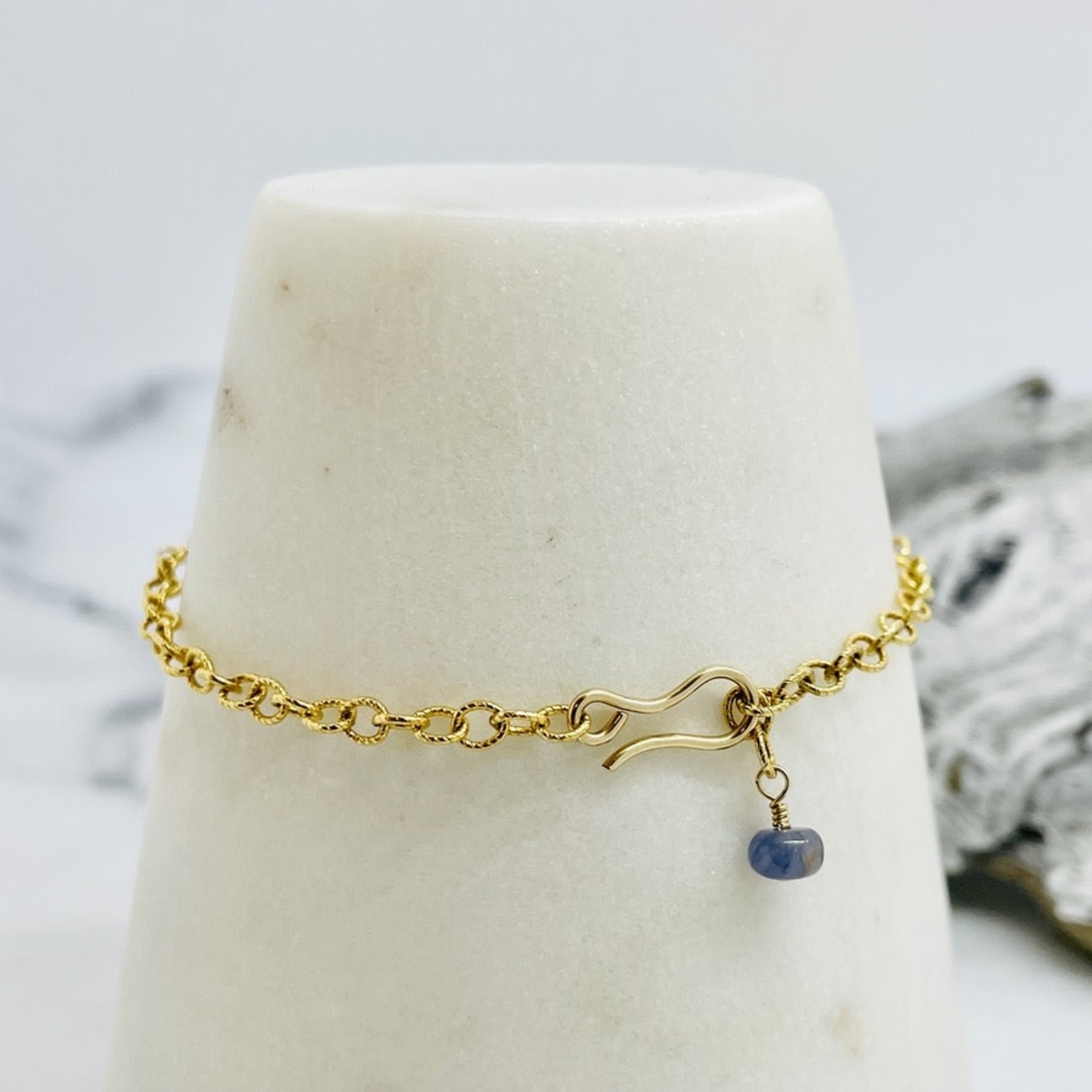 Handmade Bracelet with 2 light/1 dark blue sapphire coins, 14 k g.f. chain