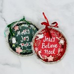 6" R Hand Painted Paper Ornament w/ Holiday Words, Velvet Ribbon & Tinsel