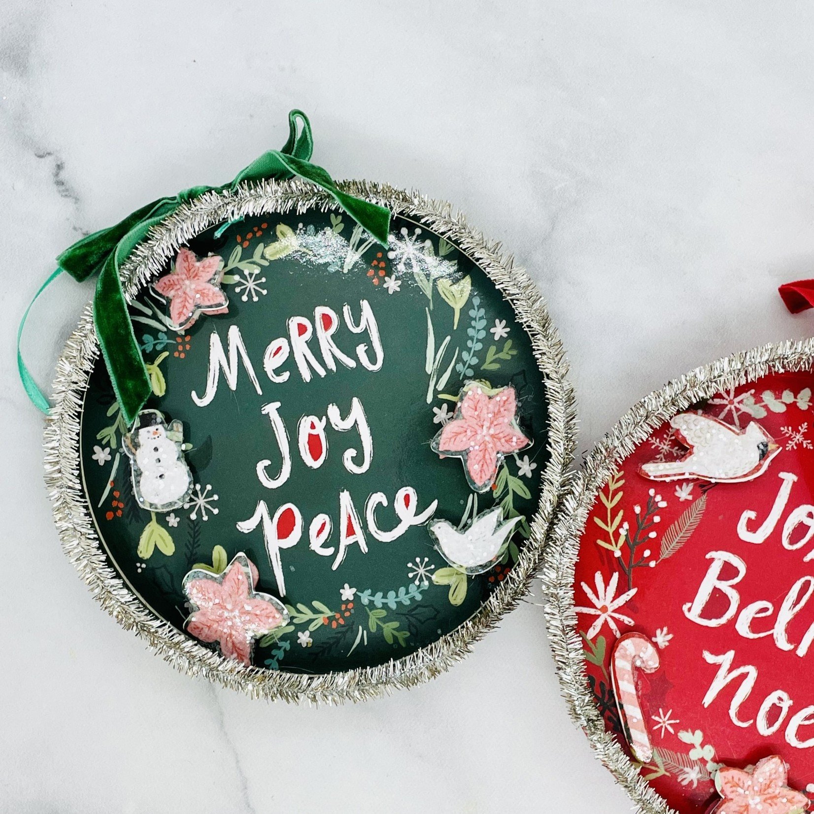 6" R Hand Painted Paper Ornament w/ Holiday Words, Velvet Ribbon & Tinsel