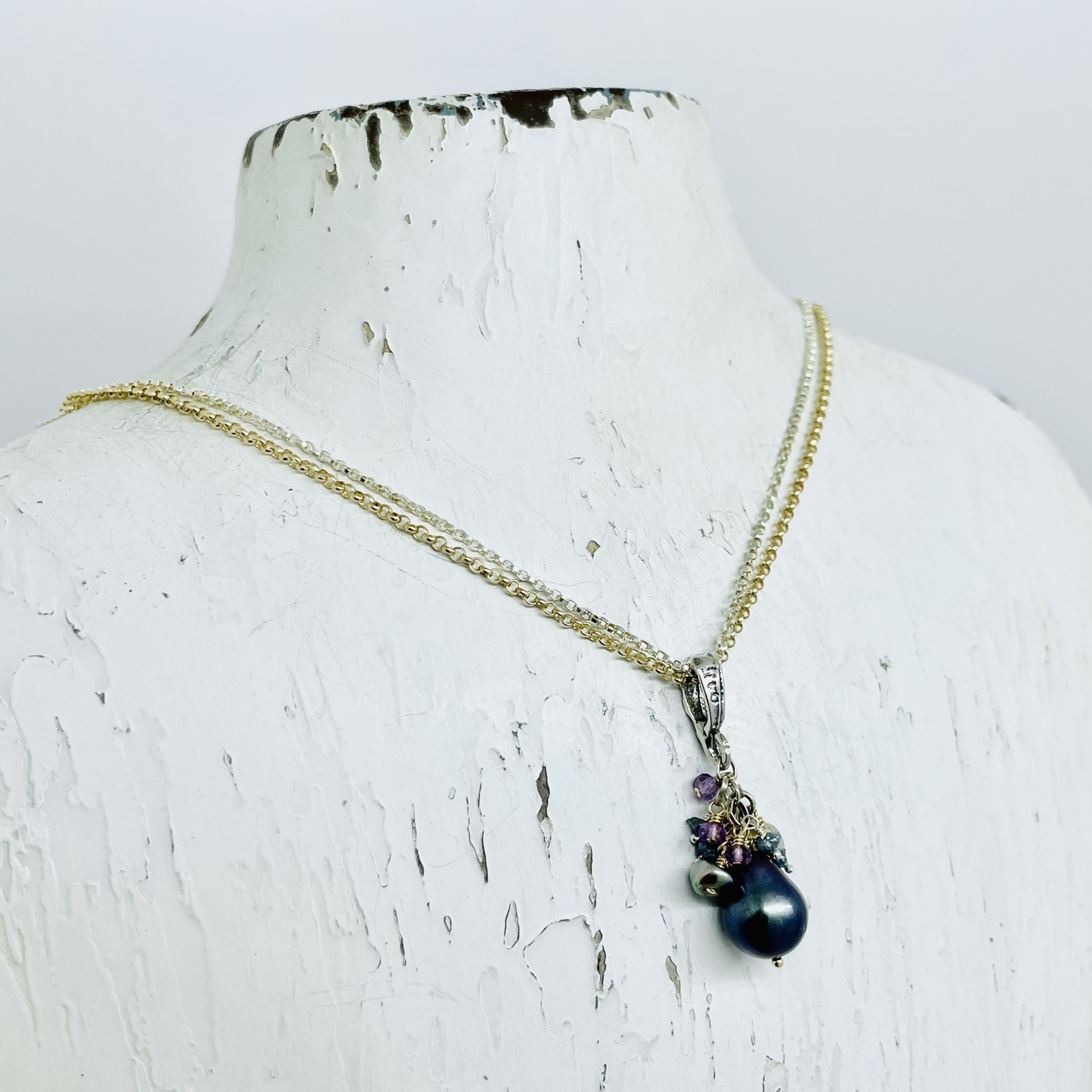 Handmade Necklace with peacock pearl, 14 k g.f. and silver chains, blue diamonds, amethyst, hammered bail, 14 k g.f. and silver chains