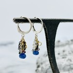 Handmade Earrings with sapphire onion, stack 3 rainbow moonstone, 14 k g.f. chains, oxidized and shiny chains, purple spinel