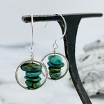 Handmade Earrings with hammered ring, stacked flat turquoise