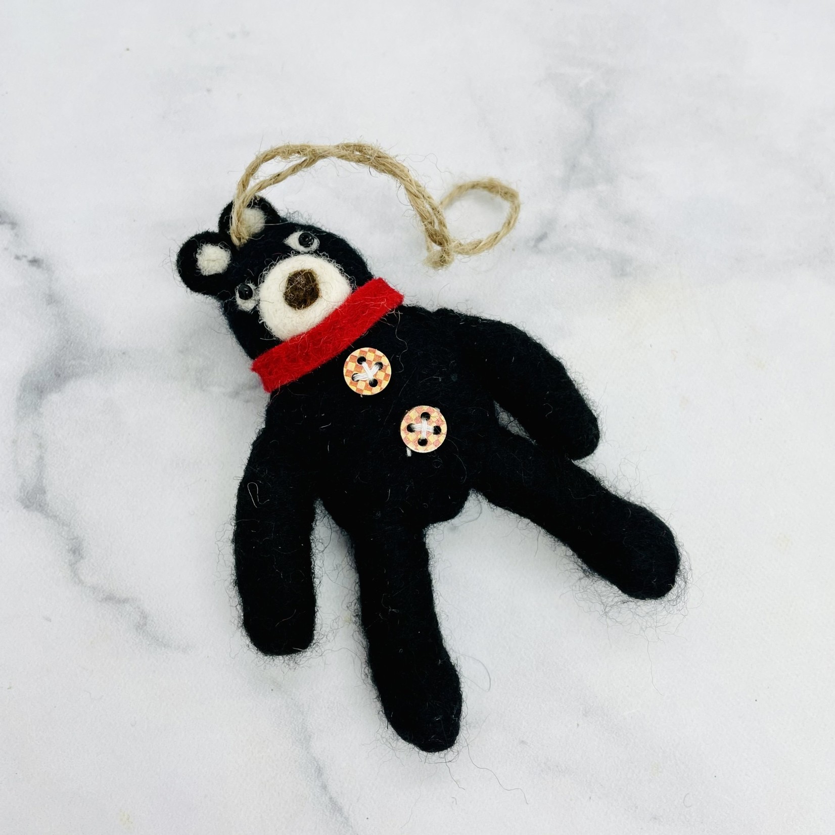 Wool Felt Bear Ornament w/ Scarf & Buttons 4"H