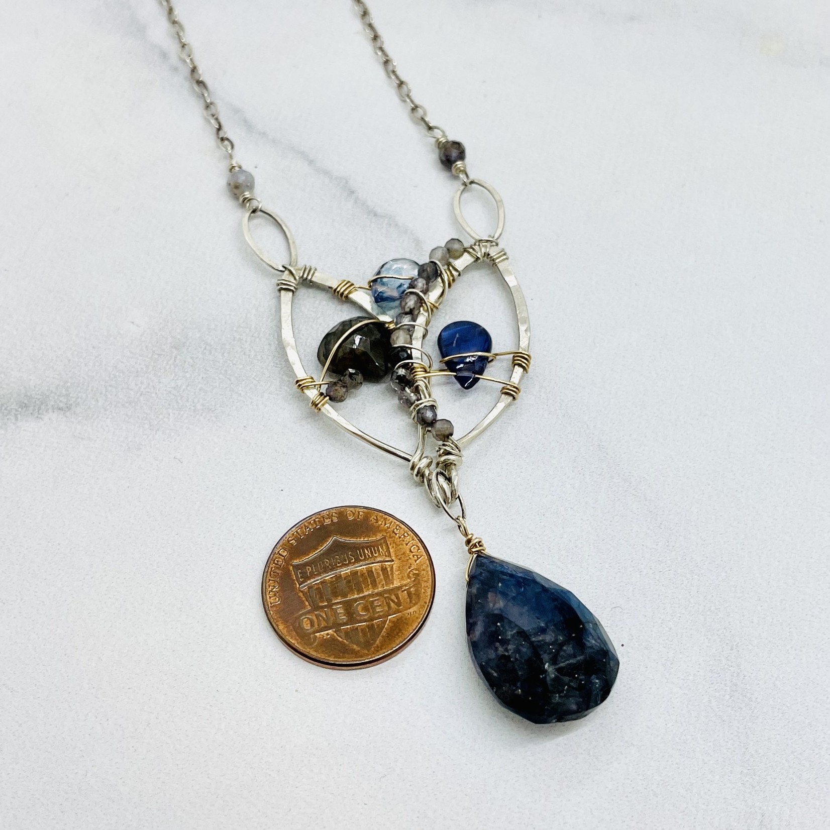 Handmade blue labradorite, iolite, blue quartz drop, woven on hand formed sterling silver petal 16"-18" necklace
