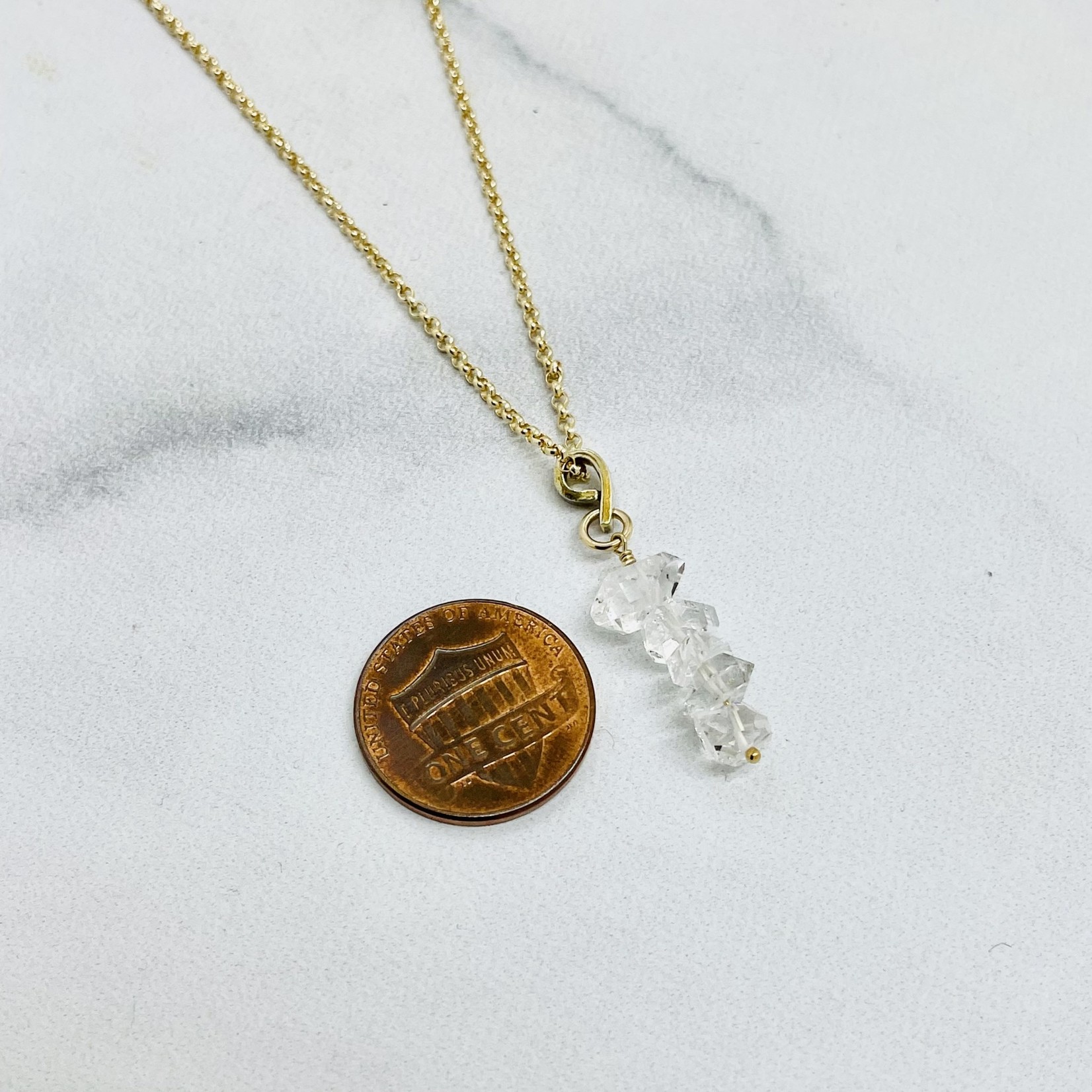 Handmade Necklace with stack 5 herkimer diamonds, 14 k g.f.