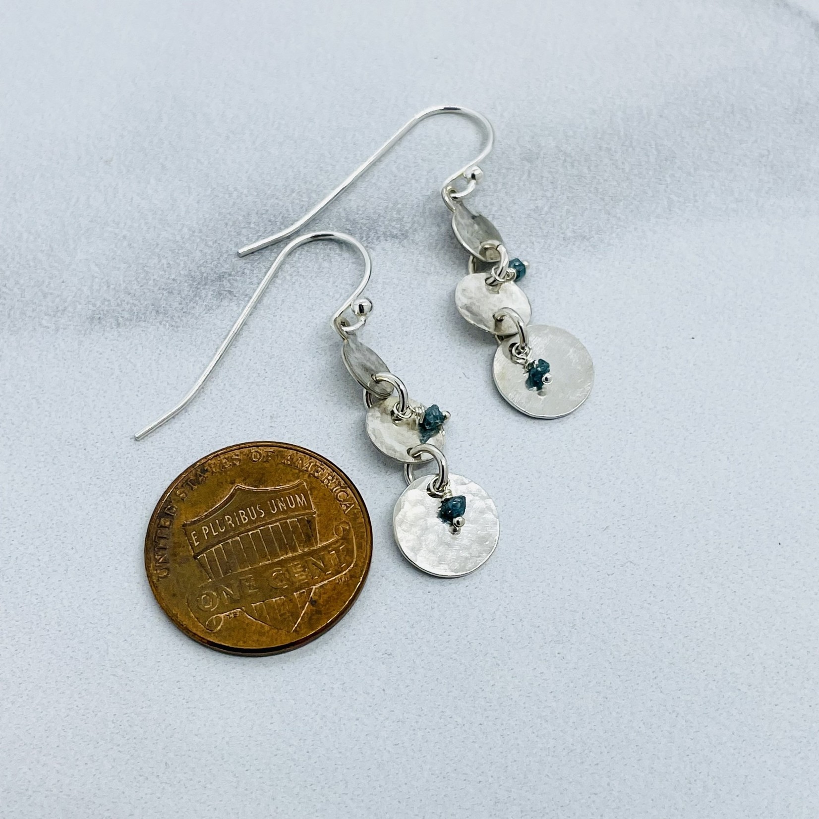 Handmade Earrings with 3 hammered discs, 2 blue diamonds