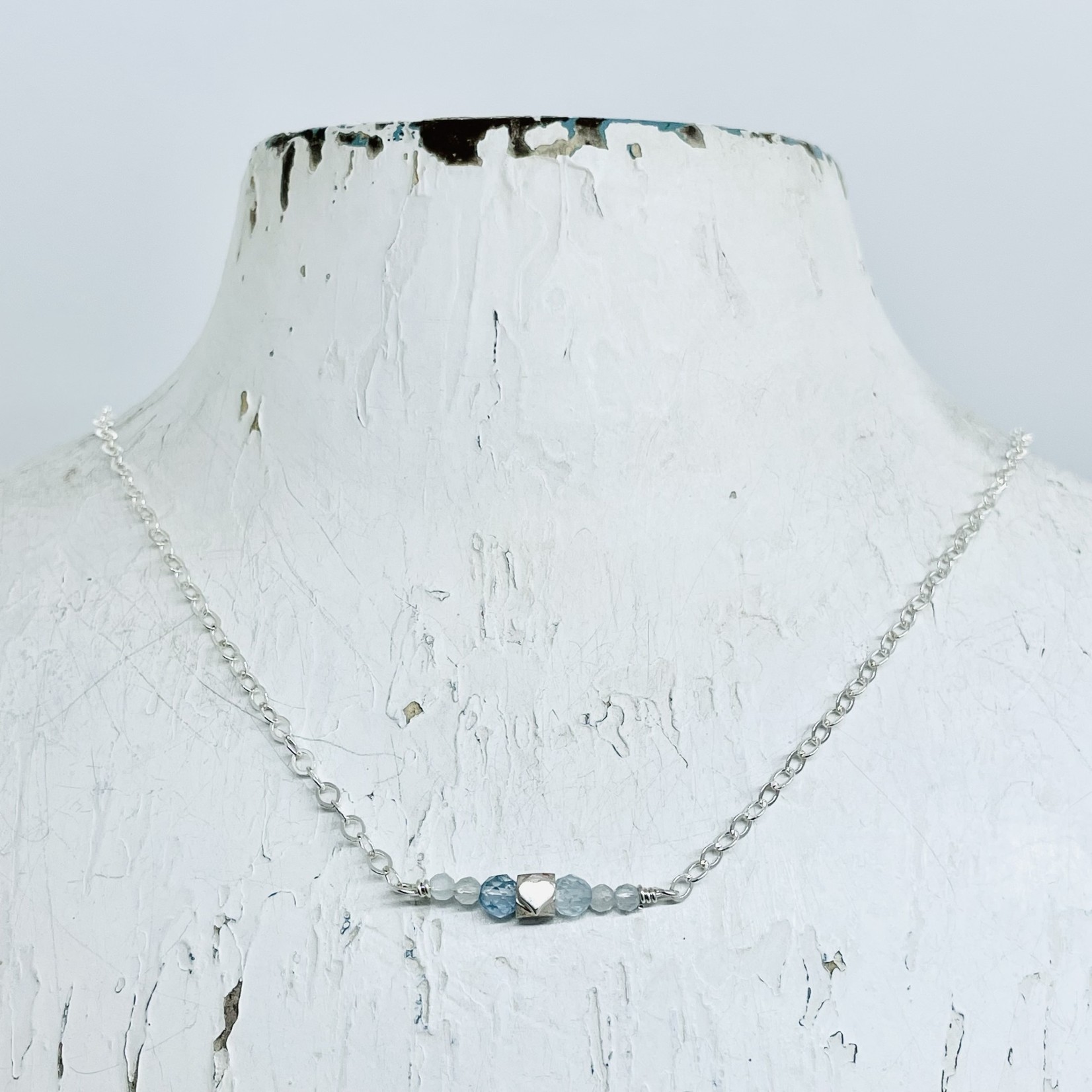 Handmade Necklace with aquamarine, faceted silver with silver heart