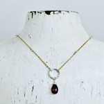 Handmade Necklace with garnet briolette on silver washer, 14 k g.f. chain with faceted thai silver