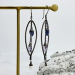 Handmade Oxidized Silver Bay Leaf Dangle Earrings with Iolite, Amethyst and Moonstone