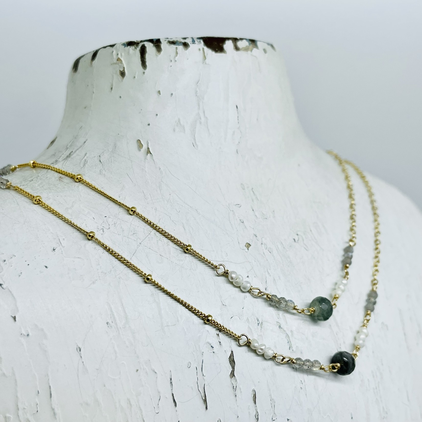Judy Brandon Jewelry Long Aquamarine, Labradorite, and Pearl 14k Goldfill Necklace