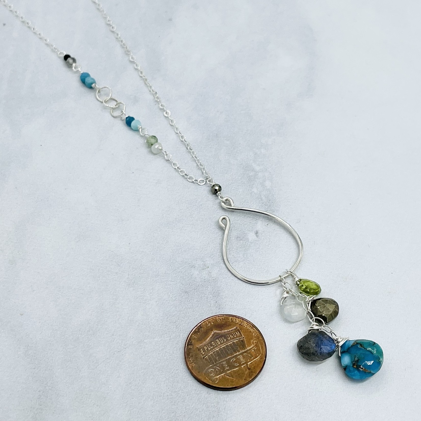 Judy Brandon Jewelry Asymmetrical Sterling Necklace w Peridot, Moonstone, Pyrite, labradorite, turquoise